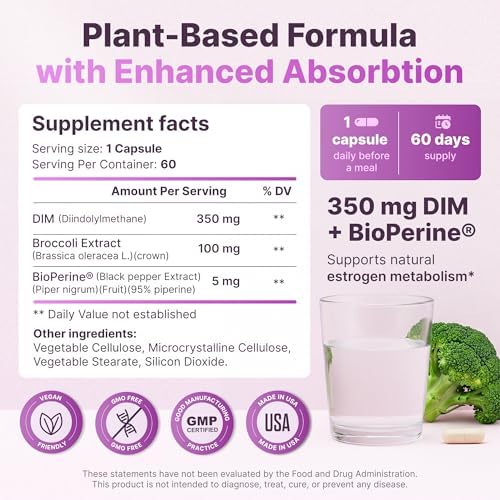 DIM para Mujeres 350mg Alta Potencia con BioPerine® y Extracto de Brócoli – Complejo Total de 455mg para Balance Hormonal, Metabolismo de Estrógenos, - imagen 3
