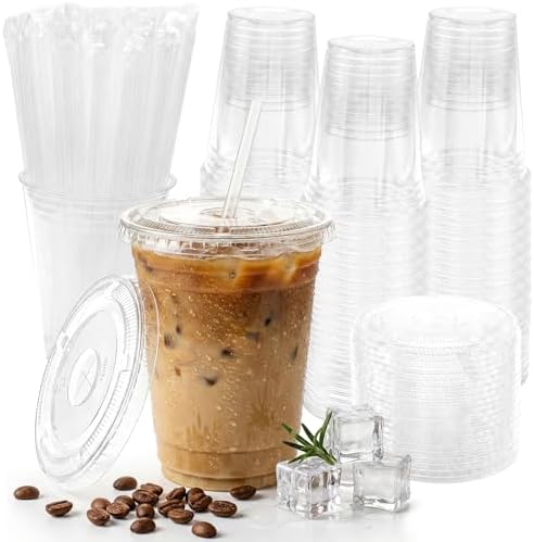 Tazas de Plástico Transparentes Glowserve de 16 oz con Tapas y Popotes - Paquete de 100 para Café Frío, Smoothies y Bebidas para Llevar - imagen 1