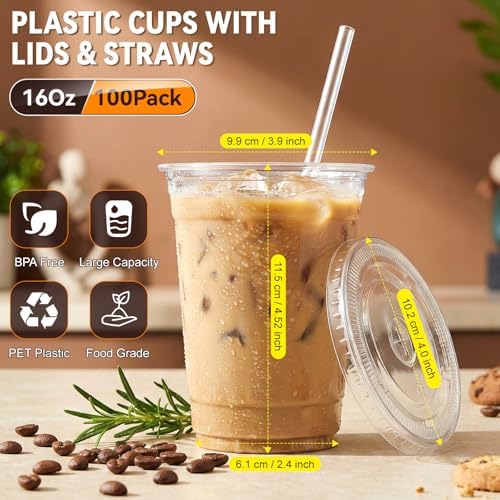 Tazas de Plástico Transparentes Glowserve de 16 oz con Tapas y Popotes - Paquete de 100 para Café Frío, Smoothies y Bebidas para Llevar - imagen 2