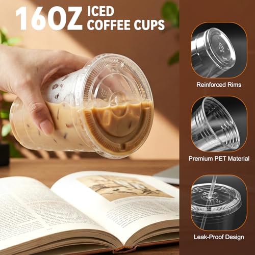 Tazas de Plástico Transparentes Glowserve de 16 oz con Tapas y Popotes - Paquete de 100 para Café Frío, Smoothies y Bebidas para Llevar - imagen 3