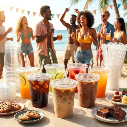 Tazas de Plástico Transparentes Glowserve de 16 oz con Tapas y Popotes - Paquete de 100 para Café Frío, Smoothies y Bebidas para Llevar - imagen 4