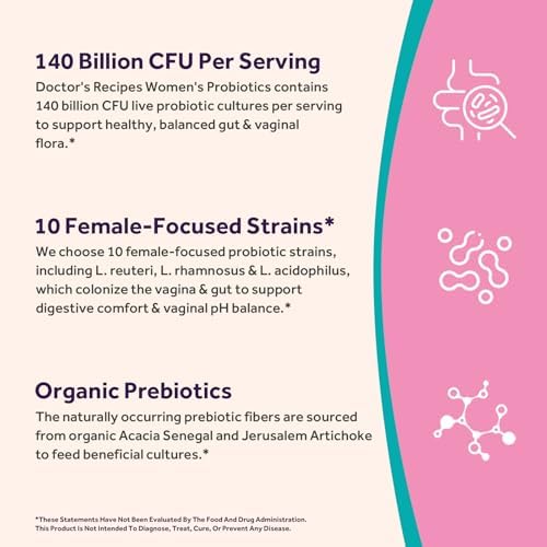 Probioticos para Mujeres Doctor's Recipes, Prebioticos y Probioticos Organicos para Salud Digestiva y Vaginal, 140 Mil Millones CFU, 10 Cepas, 60 - imagen 3
