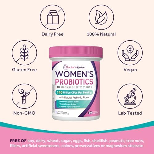Probioticos para Mujeres Doctor's Recipes, Prebioticos y Probioticos Organicos para Salud Digestiva y Vaginal, 140 Mil Millones CFU, 10 Cepas, 60 - imagen 6