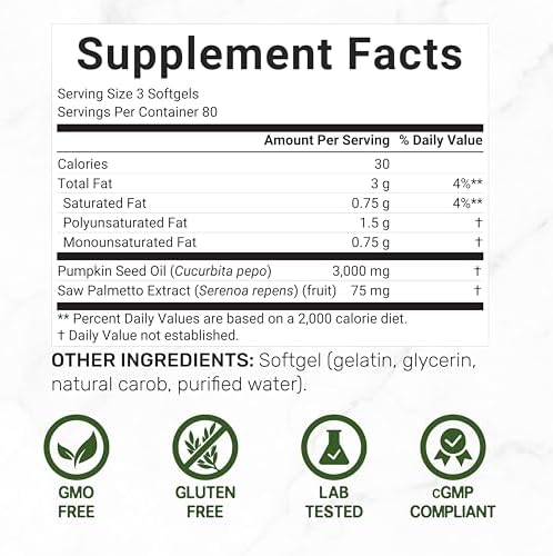 Aceite de Semilla de Calabaza 3,000mg con Saw Palmetto, 240 Softgels – Extracto Prensado en Frío con Aceite Virgen – Apoya la Salud Prostática y - imagen 2