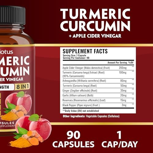 Cápsulas 8 en 1 de Cúrcuma Curcumina + Vinagre de Manzana, Suministro para 3 Meses con Ashwagandha, Jengibre y Ajo, 95% Curcuminoides Estandarizados, - imagen 2