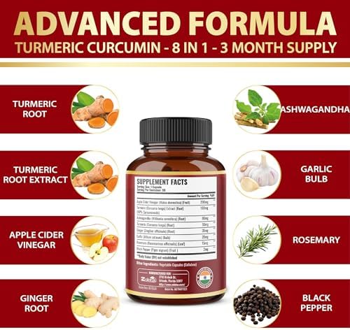 Cápsulas 8 en 1 de Cúrcuma Curcumina + Vinagre de Manzana, Suministro para 3 Meses con Ashwagandha, Jengibre y Ajo, 95% Curcuminoides Estandarizados, - imagen 4
