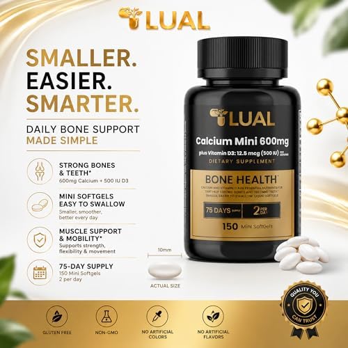 LUAL Calcio Minis 600 mg con Vitamina D3 - Soporte para Huesos y Músculos - 150 Mini Cápsulas Blandas - Fáciles de Tragar - Huesos Fuertes y Movilidad - imagen 2