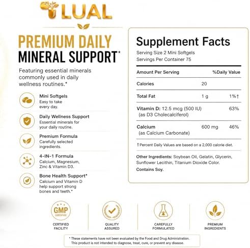 LUAL Calcio Minis 600 mg con Vitamina D3 - Soporte para Huesos y Músculos - 150 Mini Cápsulas Blandas - Fáciles de Tragar - Huesos Fuertes y Movilidad - imagen 3