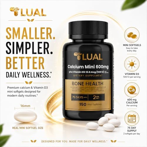 LUAL Calcio Minis 600 mg con Vitamina D3 - Soporte para Huesos y Músculos - 150 Mini Cápsulas Blandas - Fáciles de Tragar - Huesos Fuertes y Movilidad - imagen 5