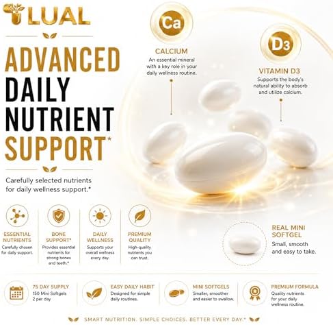 LUAL Calcio Minis 600 mg con Vitamina D3 - Soporte para Huesos y Músculos - 150 Mini Cápsulas Blandas - Fáciles de Tragar - Huesos Fuertes y Movilidad - imagen 8
