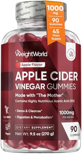Gomitas de Vinagre de Sidra de Manzana WeightWorld 1000mg con La Madre + VIT C, B12-9-6, Betabel | 90 Gomitas Veganas para Digestión, Metabolismo y - imagen 1