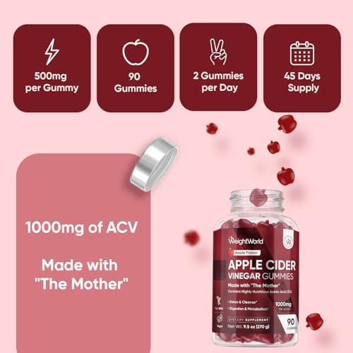 Gomitas de Vinagre de Sidra de Manzana WeightWorld 1000mg con La Madre + VIT C, B12-9-6, Betabel | 90 Gomitas Veganas para Digestión, Metabolismo y - imagen 8