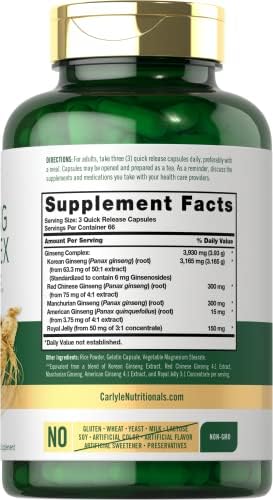 Cápsulas de Complejo de Ginseng Carlyle | 200 Contenido | Suplemento de Extracto de Raíz Herbal Tradicional | Sin OGM y Libre de Gluten - imagen 2