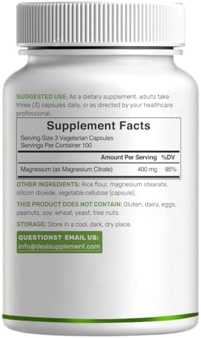 Citrato de Magnesio 400mg por Porción, 300 Cápsulas Veganas – Mineral Traza Quelado, Fácil Absorción – Soporte Muscular, Cardiaco y Digestivo – Sin - imagen 3