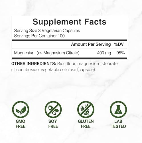 Citrato de Magnesio 400mg por Porción, 300 Cápsulas Veganas – Mineral Traza Quelado, Fácil Absorción – Soporte Muscular, Cardiaco y Digestivo – Sin - imagen 4