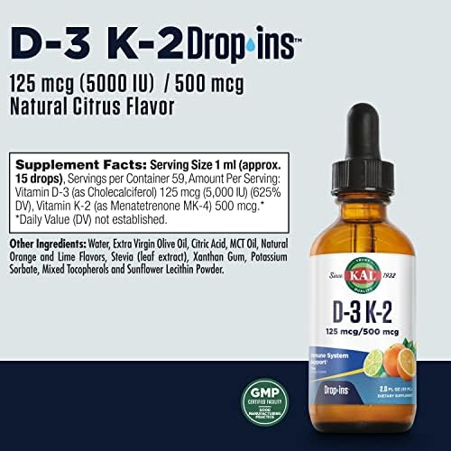 KAL D3 K2 DropIns 125 mcg / 500 mcg Gotas de Vitamina D3 K2, Suplemento para Huesos, Corazón e Inmunidad, Sabor Natural a Cítricos, 60 Días de - imagen 2