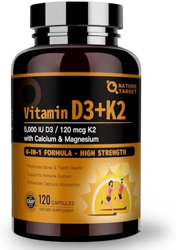 NATURE TARGET Vitamina D3 K2 con Calcio y Magnesio - Fórmula Max Fuerza 4 en 1 para Huesos, Corazón e Inmunidad - 5000 IU de Vitamina D3 y 120 mcg de - imagen 1