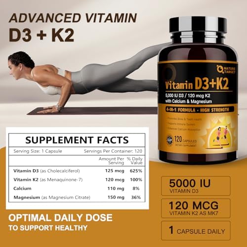 NATURE TARGET Vitamina D3 K2 con Calcio y Magnesio - Fórmula Max Fuerza 4 en 1 para Huesos, Corazón e Inmunidad - 5000 IU de Vitamina D3 y 120 mcg de - imagen 2