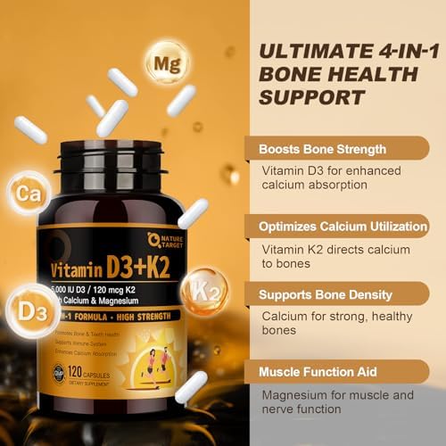 NATURE TARGET Vitamina D3 K2 con Calcio y Magnesio - Fórmula Max Fuerza 4 en 1 para Huesos, Corazón e Inmunidad - 5000 IU de Vitamina D3 y 120 mcg de - imagen 4