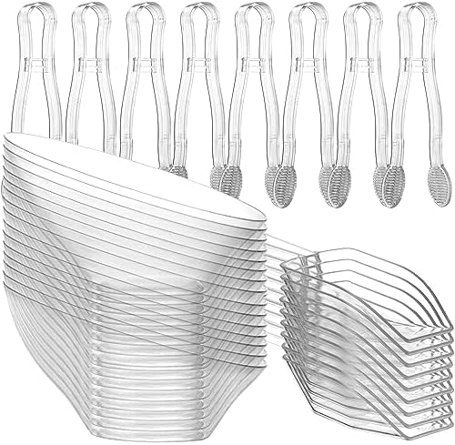 Juegos de 32 Tazones de Plástico Transparente de 6 oz - 16 Tazones Angulados con 8 Cucharas y 8 Pinzas, Contenedores Desechables para Dulces y - imagen 1