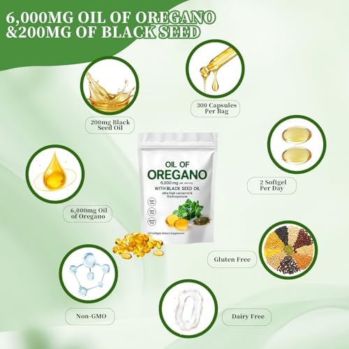 YATIME Aceite de Orégano con Aceite de Semilla Negra, Cápsulas Orgánicas 2 en 1, 6000mg por Porción, 300 Softgels, 4X Fuerza Carvacrol y Timoquinona, - imagen 7