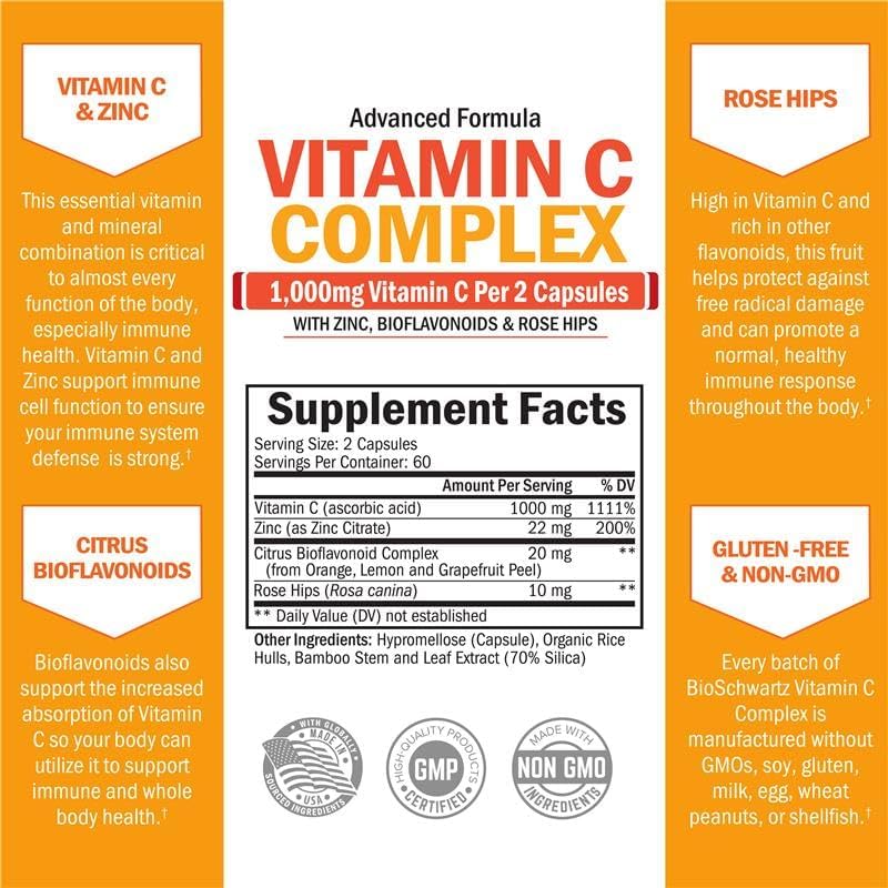 Suplemento Complejo de Vitamina C BioSchwartz - Cápsulas de 1000mg con Rosa Mosqueta, Zinc y Bioflavonoides Cítricos para Salud Inmunológica, Energía - imagen 3