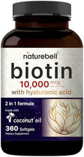 NatureBell Biotina 10000mcg + Ácido Hialurónico 25mg | 360 Cápsulas de Aceite de Coco, Suplemento Premium para Cabello, Piel y Uñas* - imagen 1