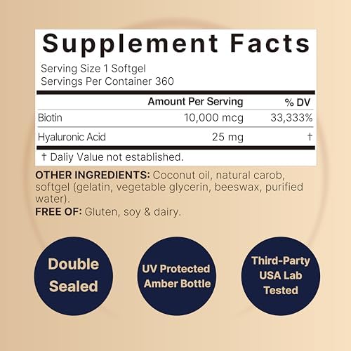 NatureBell Biotina 10000mcg + Ácido Hialurónico 25mg | 360 Cápsulas de Aceite de Coco, Suplemento Premium para Cabello, Piel y Uñas* - imagen 2