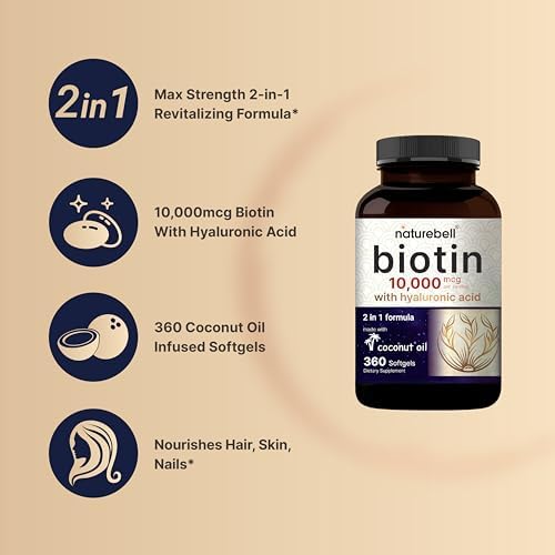 NatureBell Biotina 10000mcg + Ácido Hialurónico 25mg | 360 Cápsulas de Aceite de Coco, Suplemento Premium para Cabello, Piel y Uñas* - imagen 3