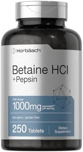 Horbäach Betaína HCl con Pepsina | 250 Tabletas | Suplemento de Clorhidrato | con Jengibre | Sin OGM, Libre de Gluten - imagen 1