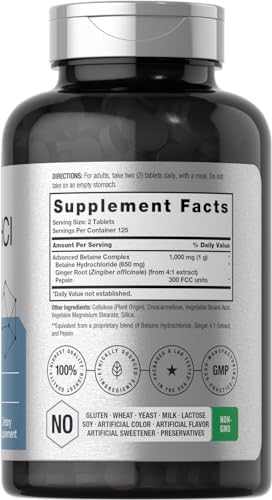 Horbäach Betaína HCl con Pepsina | 250 Tabletas | Suplemento de Clorhidrato | con Jengibre | Sin OGM, Libre de Gluten - imagen 2