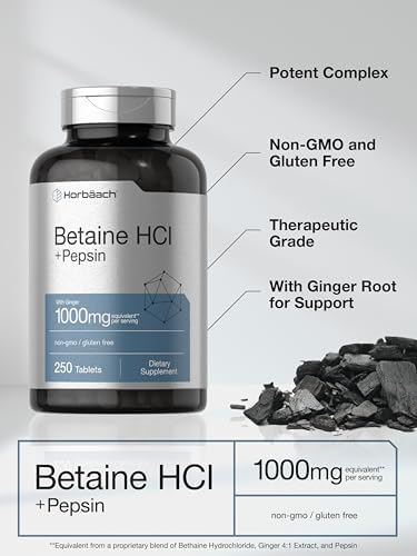 Horbäach Betaína HCl con Pepsina | 250 Tabletas | Suplemento de Clorhidrato | con Jengibre | Sin OGM, Libre de Gluten - imagen 4