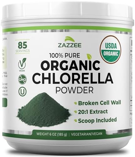 Zazzee Chlorella en Polvo Orgánica USDA, Pared Celular Rota, 6 oz, 85 Porciones, Cucharada Incluida, 100% Pura, Superalimento Denso en Nutrientes, - imagen 1