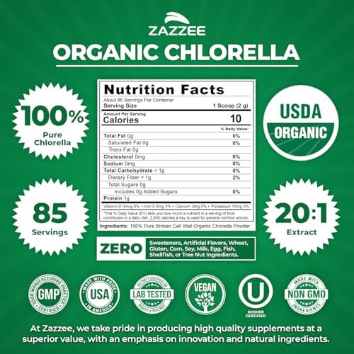 Zazzee Chlorella en Polvo Orgánica USDA, Pared Celular Rota, 6 oz, 85 Porciones, Cucharada Incluida, 100% Pura, Superalimento Denso en Nutrientes, - imagen 3