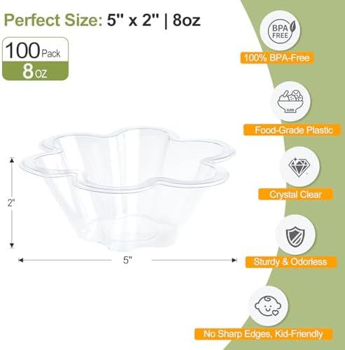 Tazones Transparentes KUCKOW, 100 PZS, Tazones para Helado, Tazones Pequeños para Aperitivos, Postres, Ensaladas y Más, Forma de Flor (8 OZ) - imagen 2