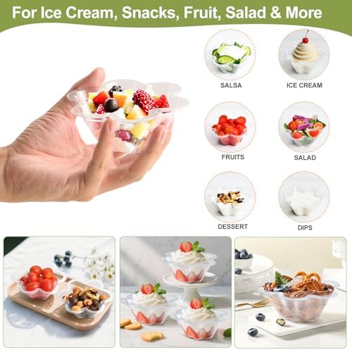 Tazones Transparentes KUCKOW, 100 PZS, Tazones para Helado, Tazones Pequeños para Aperitivos, Postres, Ensaladas y Más, Forma de Flor (8 OZ) - imagen 5