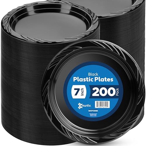 Set de 200 Platos de Plástico Negro Munfix de 7 Pulgadas - Desechables para Postres/Ensaladas, Paquete a Granel para Fiestas, BBQ, Picnics y Eventos, - imagen 1