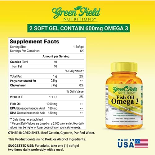 Aceite de Pescado Halal Greenfield Nutrition 1000mg, Omega 3 Halal 300mg, Píldoras de Pescado Peruano Silvestre, EPA 180mg & DHA 120mg, 120 Cápsulas - imagen 3