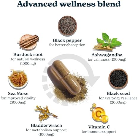 Suplemento Todo-en-Uno de 3000mg de Musgo Marino Iris, 2000mg de Aceite de Semilla Negra, 1000mg de Ashwagandha, 1000mg de Raíz de Bardana, 1000mg de - imagen 2