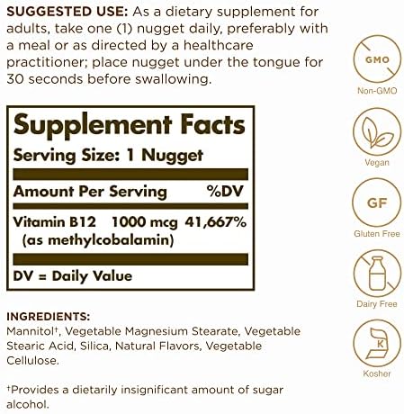 Solgar Methylcobalamina (Vitamina B12) 1000 mcg - 60 Nuggets, Paquete de 2 - Apoya el Metabolismo Energético - No GMO, Vegano, Sin Gluten, Sin - imagen 2