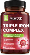 Suplemento de Hierro Vitacook para Mujeres y Hombres, 3 en 1, 65 mg de Hierro Bisglicinato, Sulfato y Carbonilo con Vitamina C, 60 Tabletas - imagen 1