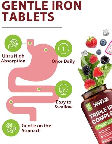 Suplemento de Hierro Vitacook para Mujeres y Hombres, 3 en 1, 65 mg de Hierro Bisglicinato, Sulfato y Carbonilo con Vitamina C, 60 Tabletas - imagen 3