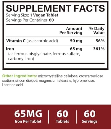 Suplemento de Hierro Vitacook para Mujeres y Hombres, 3 en 1, 65 mg de Hierro Bisglicinato, Sulfato y Carbonilo con Vitamina C, 60 Tabletas - imagen 4