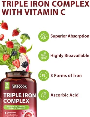 Suplemento de Hierro Vitacook para Mujeres y Hombres, 3 en 1, 65 mg de Hierro Bisglicinato, Sulfato y Carbonilo con Vitamina C, 60 Tabletas - imagen 5