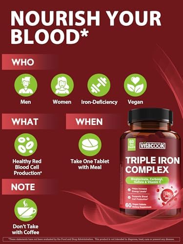 Suplemento de Hierro Vitacook para Mujeres y Hombres, 3 en 1, 65 mg de Hierro Bisglicinato, Sulfato y Carbonilo con Vitamina C, 60 Tabletas - imagen 6