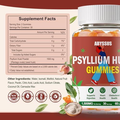 Gomitas de Psyllium ABYSSUS – Suplemento de 1500mg para Adultos, Apoyo Digestivo Natural, Alivio de Regularidad y Hinchazón, Sabor Durazno Sin - imagen 6