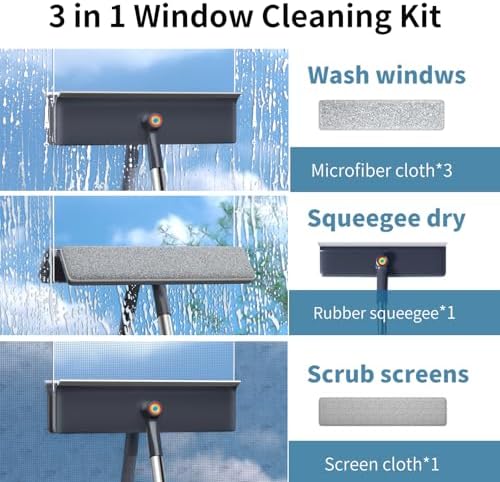 Limpiador de Ventanas 3 en 1 con Extensión de 60, Kit Profesional para Hogar, Incluye 3 Paños de Microfibra y Cepillo para Pantallas - imagen 2