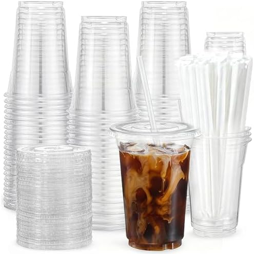 EUHOMY Paquete de 100 Vasos Plásticos Transparentes de 16oz con Tapas y Popotes, Vasos Desechables para Café Frío, Smoothies y Bebidas Frías, Sin BPA - imagen 1