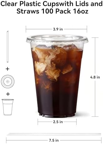 EUHOMY Paquete de 100 Vasos Plásticos Transparentes de 16oz con Tapas y Popotes, Vasos Desechables para Café Frío, Smoothies y Bebidas Frías, Sin BPA - imagen 2