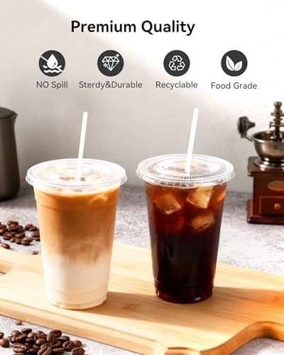 EUHOMY Paquete de 100 Vasos Plásticos Transparentes de 16oz con Tapas y Popotes, Vasos Desechables para Café Frío, Smoothies y Bebidas Frías, Sin BPA - imagen 4